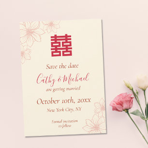 Save The Date Mariage chinois floral rouge et beige bohème