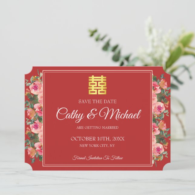 Save The Date Mariage chinois moderne aux pivoines florales rose (Debout devant)