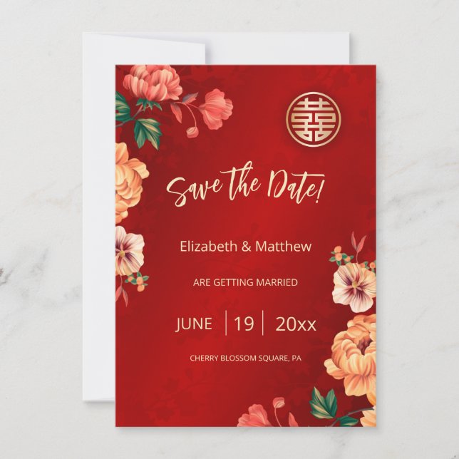 Save The Date Mariage chinois Peony Double Bonheur (Devant)