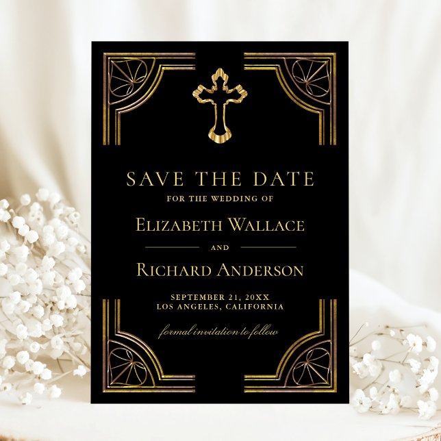 Save The Date Mariage Chrétien Croix d'Or Élégante (Créateur téléchargé)