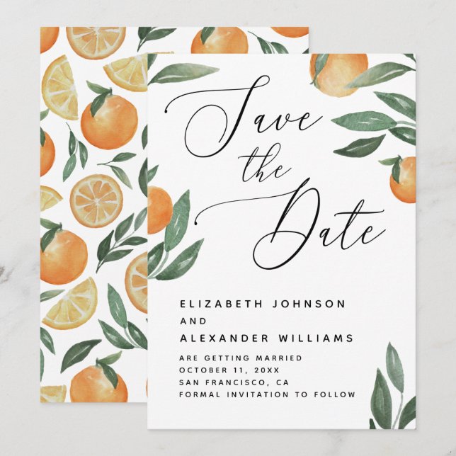 Save The Date Mariage Citron Toscane | Orange Script Élégant (Devant / Derrière)