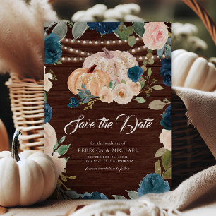 Save The Date Mariage Citrouille Fleurie Pêche Bleu Marine en Bo
