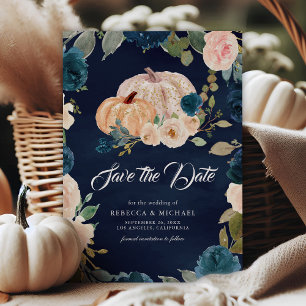Save The Date Mariage Citrouille Floral Bleu Nuit et Pêche