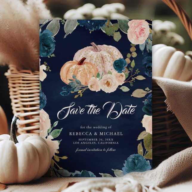 Save The Date Mariage Citrouille floral de pêche bleu foncé Mari (Créateur téléchargé)