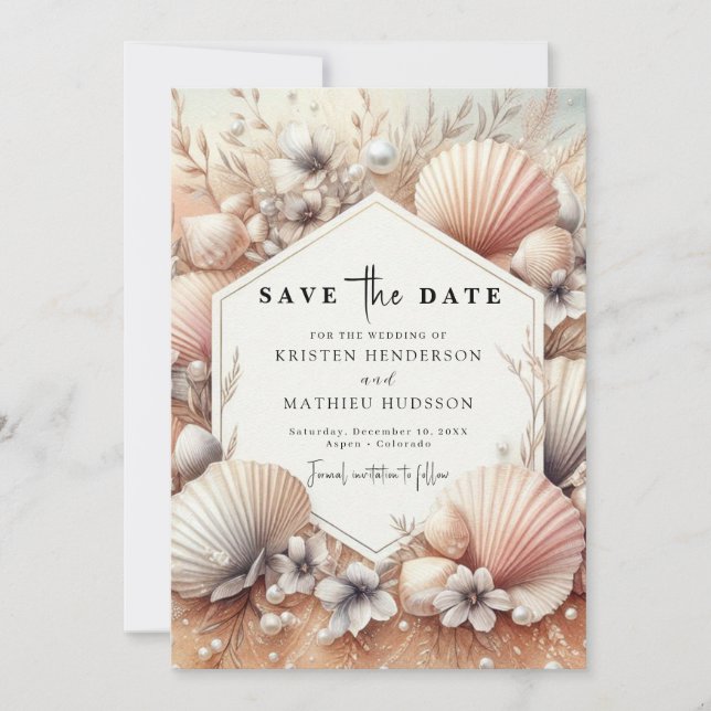 Save The Date Mariage classique à Earthy Beach (Devant)