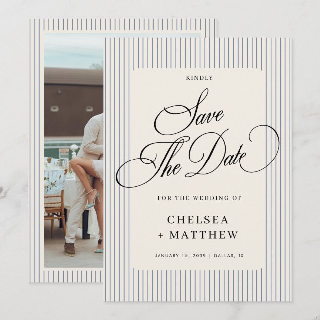 Save The Date Mariage Classique à Rayures Bleu Poussiéreux avec  (Devant / Derrière)