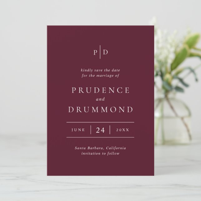 Save The Date Mariage Classique Élégant Bourgogne Profond (Debout devant)
