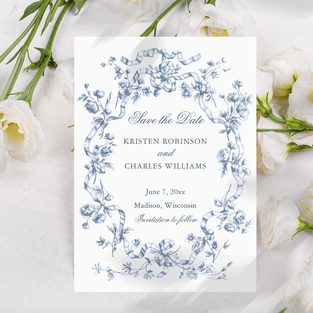 Save The Date Mariage Classique Fleurs et Rubans Bleu Français (Créateur téléchargé)