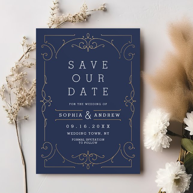 Save The Date Mariage classique moderne élégant de la marine enr (Navy elegant modern classic vintage wedding invitation)