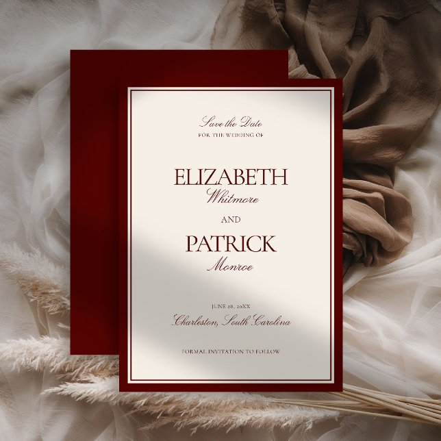 Save The Date Mariage Classique Moderne Formel de Domaine de Bou (deep burgundy wedding save the date quiet luxury old money formal modern classic estate royal regal)