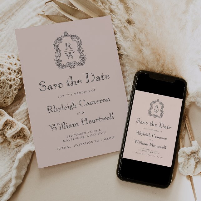 Save The Date Mariage Classique Monogramme Crête Rose Blush (Créateur téléchargé)