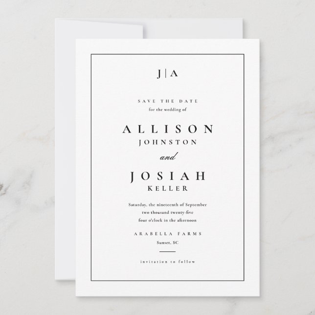 Save The Date Mariage Classique Monogramme Noir et Blanc (Devant)