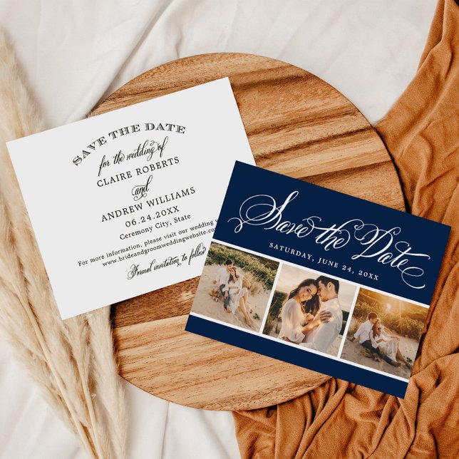Save The Date Mariage Classique Navy Calligraphie Trois Photos (Créateur téléchargé)