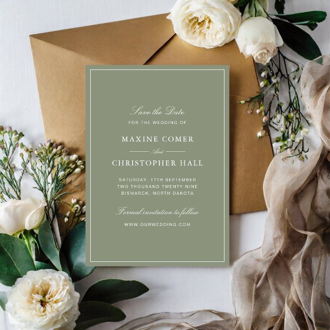 Save The Date Mariage Classique Vert Poussiéreux Écriture (Classic dusty green save the dates announce your wedding with timeless elegance and charm.)