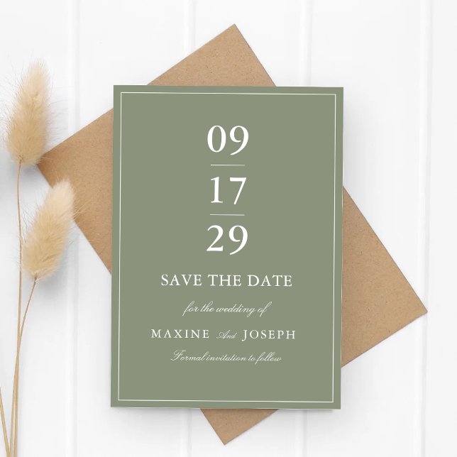 Save The Date Mariage Classique Vert Poussiéreux Écriture (Classic dusty green save the dates help guests mark the day with timeless style.)