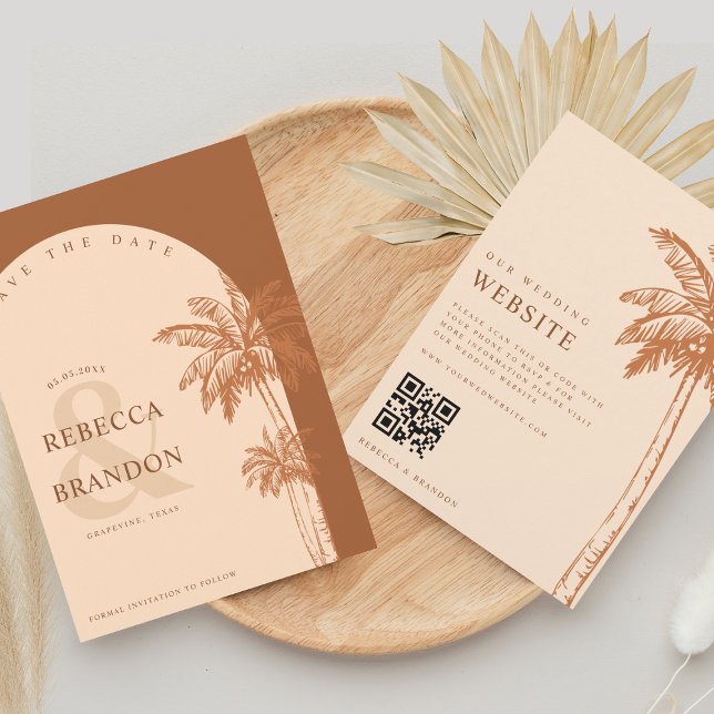 Save The Date Mariage Code QR Bohème Plage Palmier Terracotta (Créateur téléchargé)