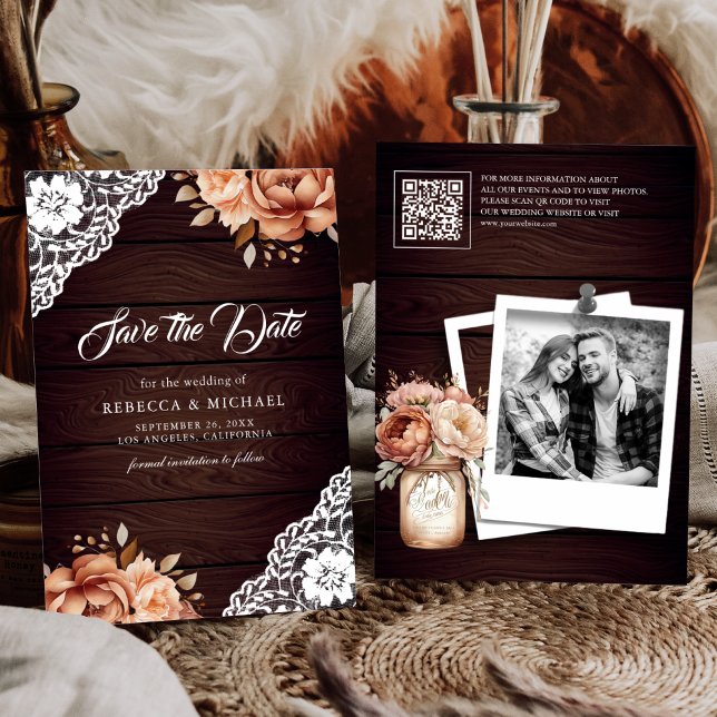 Save The Date Mariage Code QR Bois Floral Terracotta (Créateur téléchargé)