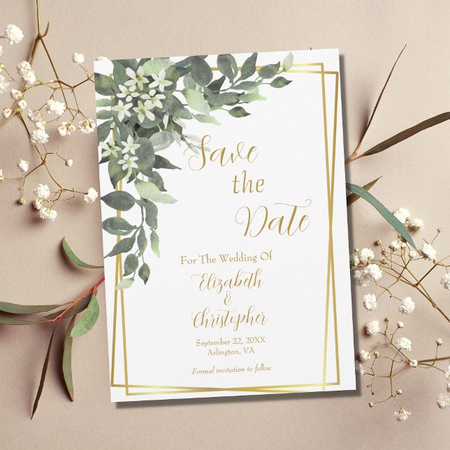 Save The Date Mariage code QR cadre or vert eucalyptus (Créateur téléchargé)