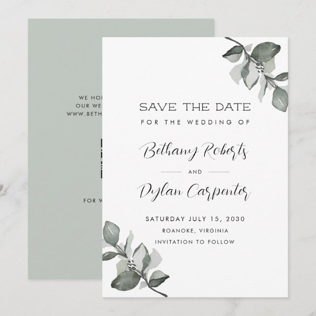Save The Date Mariage Code QR Eucalyptus Aquarelle Sage (Devant / Derrière)