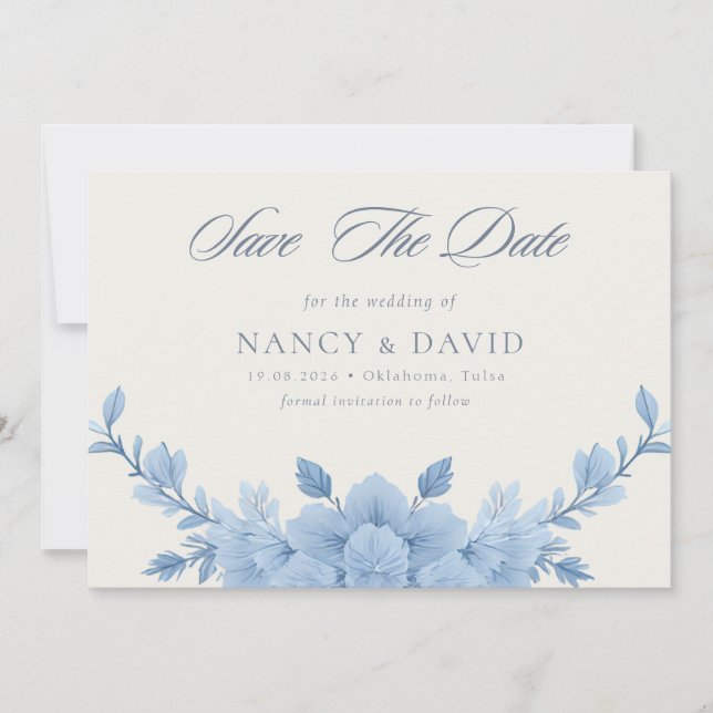 Save The Date Mariage Code Qr Floral Bleu Poussiéreux  (Devant)