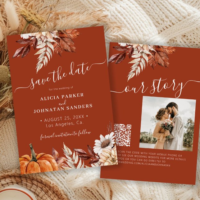 Save The Date Mariage code QR floral en terre cuite moderne rust (Créateur téléchargé)