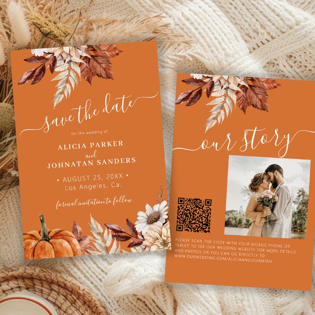 Save The Date Mariage code QR floral orange brûlé moderne rustiq (Créateur téléchargé)