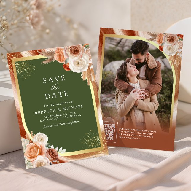 Save The Date Mariage Code QR Floral Terracotta Vert Olive (Créateur téléchargé)