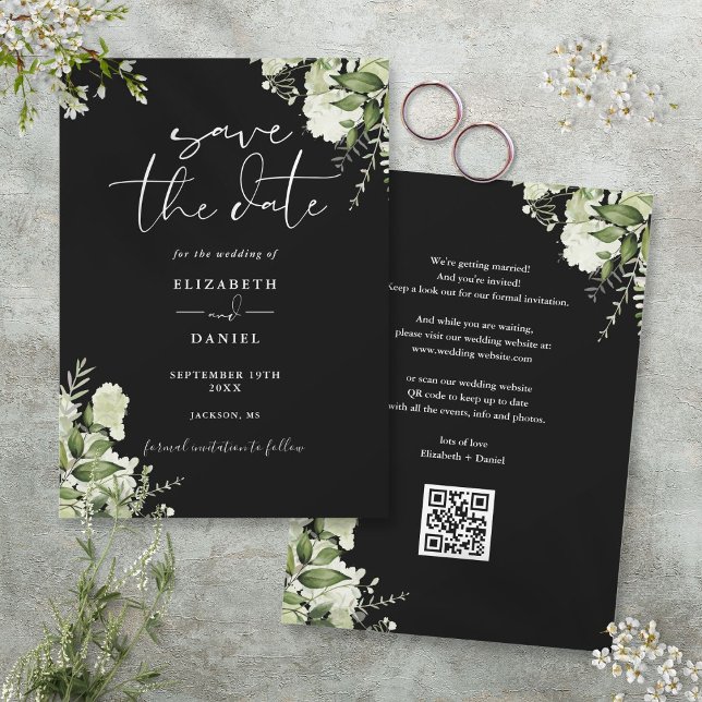 Save The Date Mariage Code QR Floral Végétal Noir Et Blanc (Black And White Greenery Floral QR Code Wedding Save The Date)