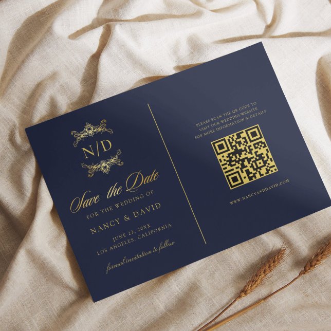 Save The Date Mariage Code QR Monogramme Bleu Marine Et Or  (Créateur téléchargé)