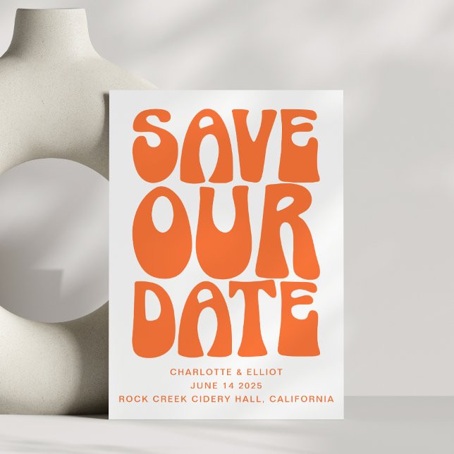 Save The Date Mariage Code QR Orange Clair Rétro Groovy Années 7 (Créateur téléchargé)