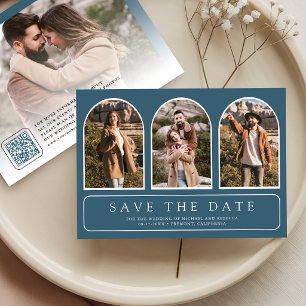 Save The Date Mariage Code QR Photo Arch Minimaliste Bleu Poussi