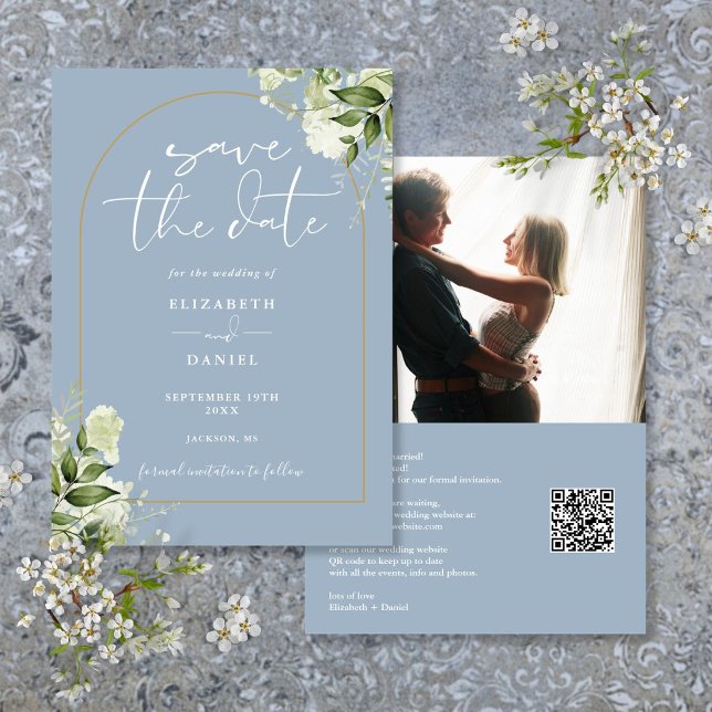 Save The Date Mariage Code QR Photo Arche Dorée Feuillage Bleu P (Dusty Blue Foliage Gold Arch Photo QR Code Wedding Save The Date)