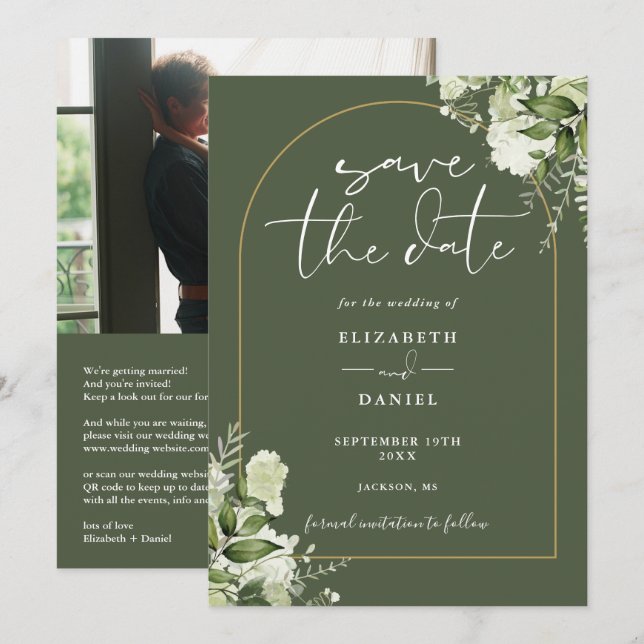 Save The Date Mariage Code QR Photo Arche Florale Vert Olive Dor (Devant / Derrière)