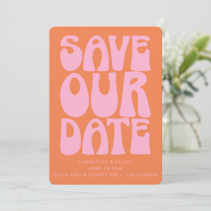 Save The Date Mariage Code QR Rose et Orange Rétro Groovy 70s
