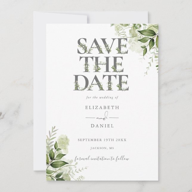 Save The Date Mariage Code QR Typographie Florale de Verdure (Devant)