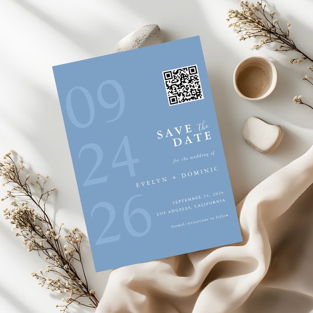 Save The Date Mariage Code QR Typographie Moderne Bleu Poussiére (Créateur téléchargé)