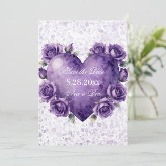 Save The Date Mariage Cœur et Roses Peinture Violette