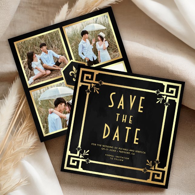 Save The Date Mariage Collage Photo Art Déco Or Noir (Créateur téléchargé)