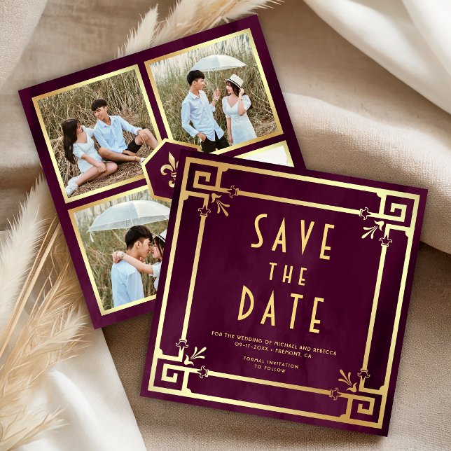 Save The Date Mariage Collage Photo Art Déco Or Violet Prune (Créateur téléchargé)