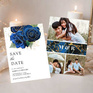 Save The Date Mariage Collage Photo Floral Bleu Royal