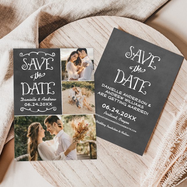 Save The Date Mariage Collage Photo Triple Tableau Noir (Créateur téléchargé)