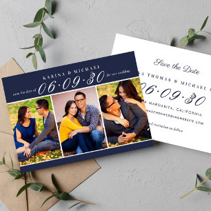 Save The Date Mariage Collage Photo Trois Bleu Minuit