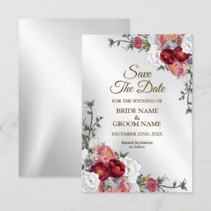 Save The Date Mariage Colorful Rouge Blanc Floral Argent élégant