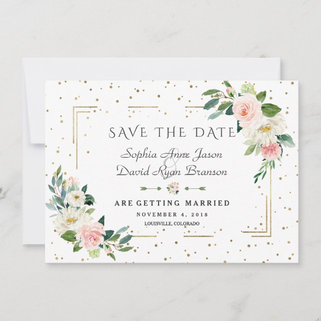 Save The Date Mariage Confetti Cadre Doré Fleurs Roses Luxe (Devant)
