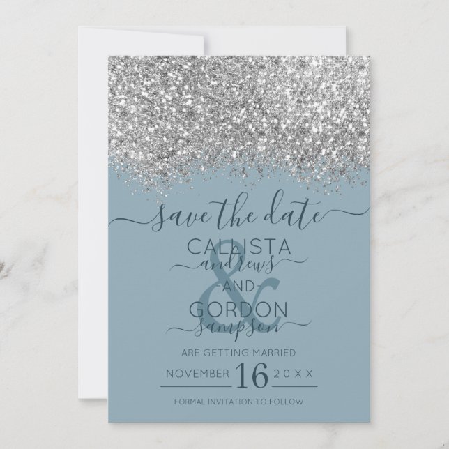 Save The Date Mariage Confetti Parties scintillant bleu argent d (Devant)