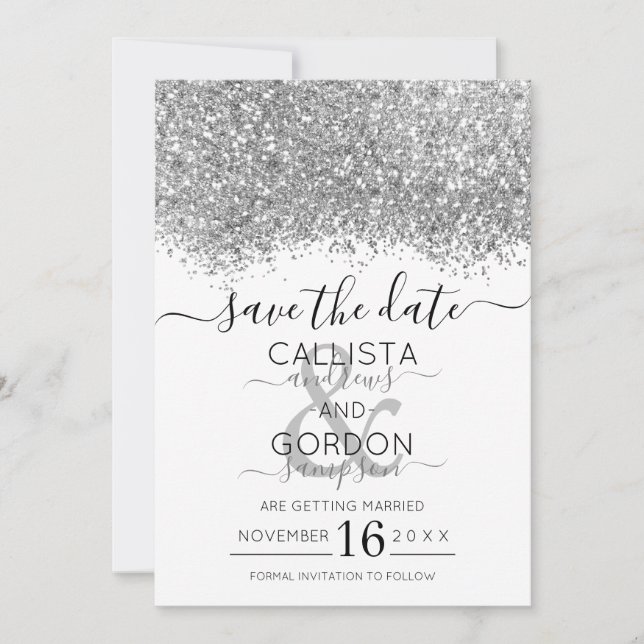 Save The Date Mariage Confettis Pailletés Argent Luxe Blanc (Devant)