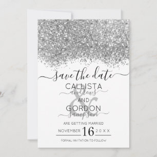 Save The Date Mariage Confettis Pailletés Argent Luxe Blanc