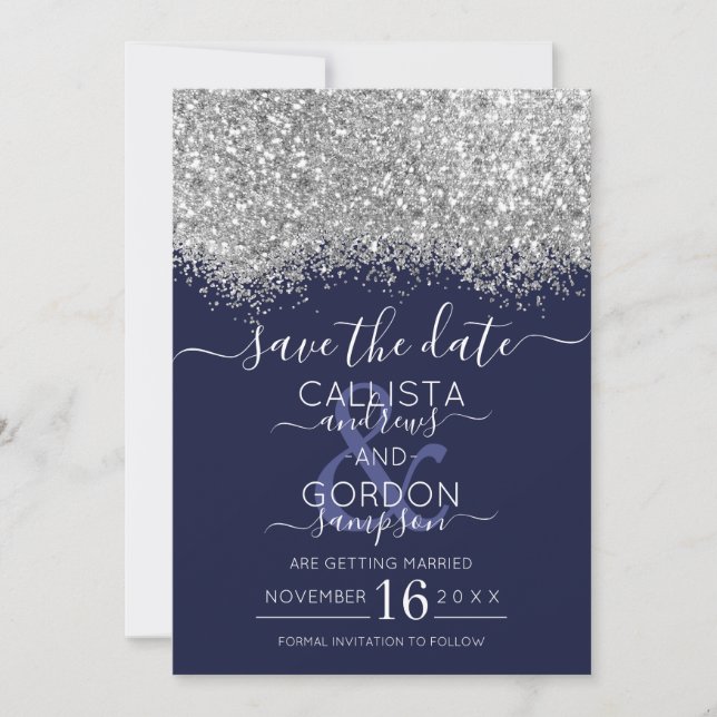 Save The Date Mariage Confettis Pailletés Argent Luxe Navy (Devant)