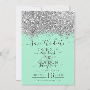 Save The Date Mariage Confettis Pailletés Luxe Argent Neo Menthe