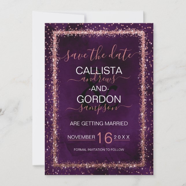 Save The Date Mariage Confettis Pailletés Violet Rose Or (Devant)